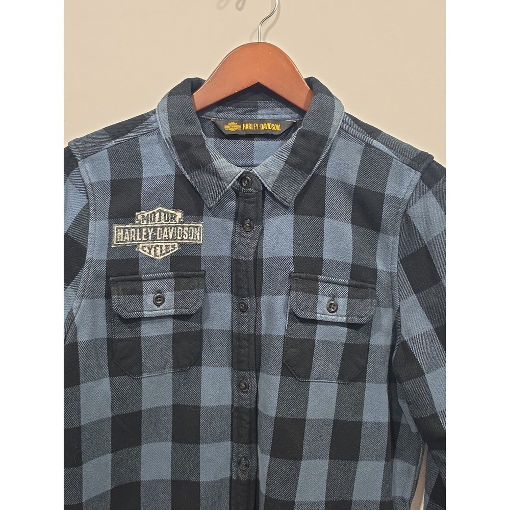 Harley-Davidson Women's Flannel Shirt Medium Blue Black Buffalo Plaid Biker